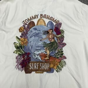 Tommy Bahamas Silk Shirt Mens XL White Blue Surf Shop Button Up Short Sleeve
